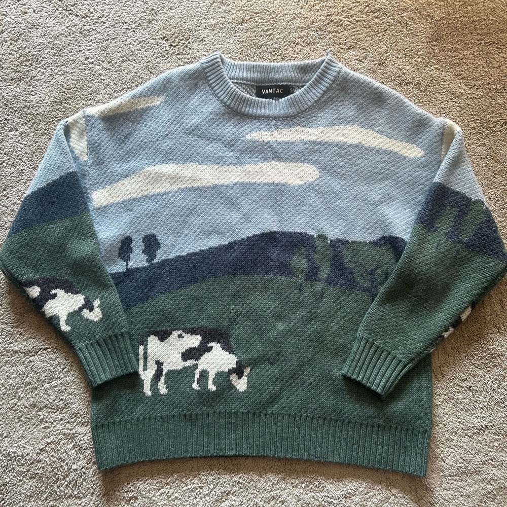 Vamtac Cow Pasture Knit Sweater | Cottagecore Landscape Pullover Unisex